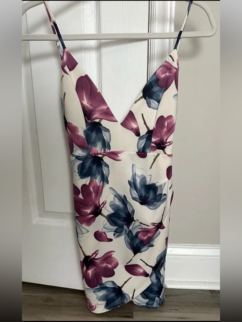 Floral V-Neck Spaghetti Strap Dress in White with Purple & Blue Blooms